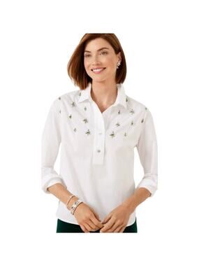 NWT Talbots Gem Embellished 100% Cotton Half Button Popover White Summer Shirt S